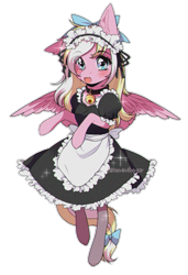 Size: 1068x1557 | Tagged: safe, artist:kitten-in-the-jar, derpibooru import, oc, oc only, oc:bay breeze, pegasus, pony, bell, bell collar, blushing, bow, clothes, collar, cute, dress, female, hair bow, looking at you, maid, mare, open mouth, simple background, tail bow, transparent background, ych result