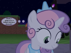 Size: 730x546 | Tagged: safe, artist:jan, derpibooru import, sweetie belle, pony, unicorn, cropped, don't mine at night, enderman, endermane, enderpony, implied rarity, jewelry, minecraft, oblivious sweetie belle, ponified, text, thought bubble, tiara