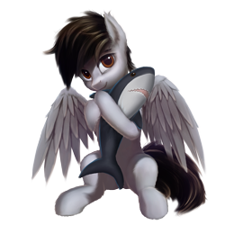 Size: 2048x2048 | Tagged: safe, artist:quvr, derpibooru import, oc, oc only, oc:soft rain, pegasus, pony, shark, 2019 community collab, cuddling, derpibooru community collaboration, hug, male, plushie, shark plushie, simple background, sitting, solo, transparent background, wings