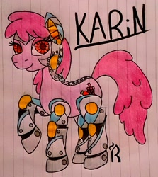 Size: 2093x2349 | Tagged: safe, artist:dawn-designs-art, derpibooru import, berry punch, berryshine, oc, oc:karin, pony, robot, robot pony, epmb, equestria pony meat business, lined paper, traditional art