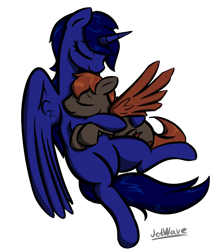 Size: 984x1141 | Tagged: safe, artist:jetwave, derpibooru import, oc, oc:crimson wings, oc:eos, alicorn, pegasus, pony, fallout equestria, fallout equestria: broken bonds, alicorn oc, artificial alicorn, blue alicorn (fo:e), cuddling, cutie mark, duo, eyes closed, fanfic, fanfic art, female, hooves, horn, hug, male, mare, simple background, stallion, transparent background, wings
