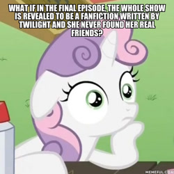 Size: 600x600 | Tagged: safe, derpibooru import, edit, edited screencap, screencap, sweetie belle, pony, unicorn, ponyville confidential, exploitable meme, female, filly, horn, image macro, meme, obligatory pony, solo, sudden clarity sweetie belle, text, two toned mane, white coat, wide eyes