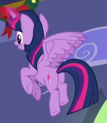 Size: 279x320 | Tagged: safe, derpibooru import, screencap, twilight sparkle, twilight sparkle (alicorn), alicorn, pony, best gift ever, cropped, female, flying, mare, plot, solo, underhoof