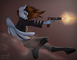 Size: 2700x2100 | Tagged: safe, artist:catdclassic, derpibooru import, oc, oc:absentia crash, anthro, beretta, beretta 93r, clothes, fireball, fog, gothic, gun, handgun, shooting, smoke, solo, weapon