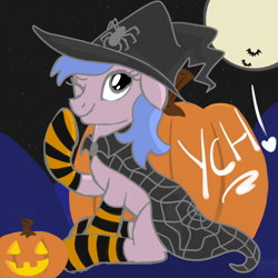 Size: 2100x2100 | Tagged: safe, artist:lannielona, derpibooru import, pony, spider, advertisement, cape, clothes, commission, female, halloween, halloween costume, hat, holiday, jack-o-lantern, mare, nightmare night, one eye closed, pumpkin, sketch, socks, solo, striped socks, wink, witch, witch hat, your character here