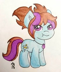 Size: 2724x3227 | Tagged: safe, artist:dawn-designs-art, derpibooru import, oc, oc only, oc:dawn, earth pony, pony, blue coat, brown mane, female, filly, purple eyes, solo, traditional art