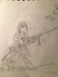 Size: 3024x4032 | Tagged: safe, artist:officiallunardj, derpibooru import, oc, oc only, oc:lunar midnight, anti-materiel rifle, barrett, barrett m82, bipedal, clothes, gun, hoof hold, rifle, traditional art, weapon