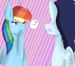 Size: 4547x3996 | Tagged: safe, artist:synesthesiaangel, derpibooru import, rainbow dash, soarin', pegasus, pony, abstract background, blushing, emoticon, female, male, pictogram, shipping, soarindash, straight