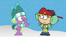Size: 1920x1090 | Tagged: safe, derpibooru import, spike, dragon, best gift ever, boots, clothes, coat, crossover, earmuffs, hat, lana loud, scarf, shoes, the loud house, winged spike, winter outfit