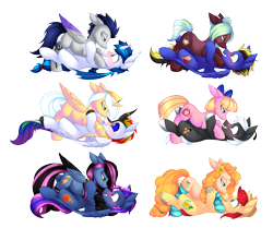 Size: 2993x2500 | Tagged: safe, artist:scarlet-spectrum, derpibooru import, bright mac, pear butter, oc, oc:alpha jet, oc:cloak, oc:cocoa mint, oc:lost, bat pony, kirin, bow, clothes, female, flower, gay, male, oc x oc, shipping, simple background, socks, straight, striped socks, transparent background, unnamed oc, ych result