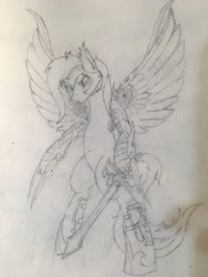 Size: 3024x4032 | Tagged: safe, artist:officiallunardj, derpibooru import, oc, oc only, oc:lunar midnight, artificial wings, augmented, mechanical wing, solo, traditional art, wings