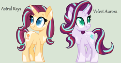 Size: 2036x1070 | Tagged: safe, artist:frostylithi, derpibooru import, oc, oc only, oc:astral rays, oc:velvet aurora, pony, unicorn, female, mare, offspring, parent:starlight glimmer, parent:sunburst, parents:starburst, simple background