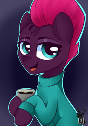 Size: 1280x1828 | Tagged: safe, artist:php97, derpibooru import, fizzlepop berrytwist, tempest shadow, pony, unicorn, broken horn, clothes, female, gradient background, looking at you, mare, mug, open mouth, sitting, smiling, solo, sweater