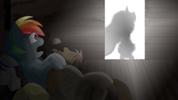 Size: 2560x1440 | Tagged: safe, artist:rainb0wdashie, derpibooru import, rainbow dash, pegasus, pony, fanfic art, silhouette, startled, train