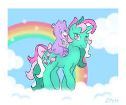 Size: 1200x1000 | Tagged: safe, artist:donkeyinthemiddle, derpibooru import, fizzy, pony, unicorn, g1, bow, care bears, cloud, crossover, rainbow, share bear, tail bow