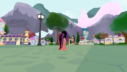 Size: 1366x768 | Tagged: safe, derpibooru import, oc, oc only, oc:mya-chan the vampony, pony, 3d, bank, bugged, cantermore, fountain, house, legends of equestria, mountain, mountain range, road, sign, statue, street, tree, video game