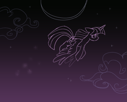 Size: 873x698 | Tagged: safe, artist:nessacity, derpibooru import, twilight sparkle, twilight sparkle (alicorn), alicorn, cloud, female, flying, mare, monochrome, moon, purple, silhouette, solo