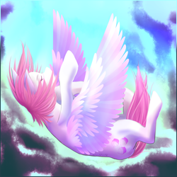 Size: 1024x1024 | Tagged: safe, artist:notsowhiteworld, derpibooru import, oc, oc only, oc:sugar breeze, pegasus, pony, blue, cloud, cutie mark, day, eyes closed, falling, pink, sky, solo, white, wings