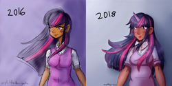 Size: 6400x3200 | Tagged: safe, artist:mylittleyuri, derpibooru import, twilight sparkle, human, atg 2018, clothes, comparison, cute, digital art, draw this again, female, high res, horned humanization, humanized, newbie artist training grounds, redraw, solo, sweater