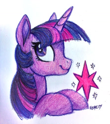 Size: 1280x1440 | Tagged: safe, artist:nessacity, derpibooru import, twilight sparkle, crayon drawing, cutie mark, female, gradient background, mare, smiling, solo, traditional art