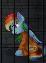 Size: 985x1351 | Tagged: safe, artist:whiskyice, derpibooru import, rainbow dash, pegasus, pony, b-f16, bound wings, cell, chains, clothes, jail, never doubt rainbowdash69's involvement, prison, prison outfit, prisoner rd, sad, solo