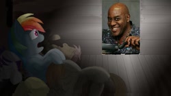 Size: 655x368 | Tagged: safe, derpibooru import, rainbow dash, human, ainsley harriott, exploitable meme, irl, irl human, meme, obligatory pony, photo