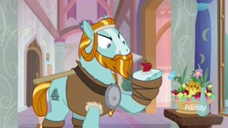 Size: 1920x1080 | Tagged: safe, derpibooru import, screencap, rockhoof, earth pony, pony, a rockhoof and a hard place, angry, apple, basket, beard, facial hair, food, male, moustache, rockhoof's shovel, solo, stallion