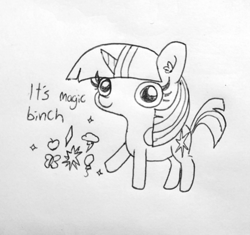 Size: 1222x1151 | Tagged: safe, artist:tjpones, derpibooru import, twilight sparkle, pony, black and white, female, grayscale, lineart, mare, monochrome, solo, sparkles! the wonder horse!, traditional art