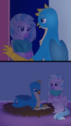 Size: 924x1624 | Tagged: safe, artist:fallenangel5414, derpibooru import, gallus, silverstream, classical hippogriff, griffon, hippogriff, book, chest fluff, comic, description is relevant, digital art, female, gallstream, male, nest, pillow, shipping, straight