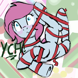 Size: 2100x2100 | Tagged: safe, artist:lannielona, derpibooru import, pony, advertisement, blushing, commission, gift wrapped, ribbon, sketch, solo, tangled up, tied up, wrapping paper, your character here