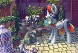 Size: 2244x1535 | Tagged: safe, artist:holivi, derpibooru import, oc, oc only, pegasus, pony, apron, clothes, commission, female, flower, looking at each other, male, mare, multiple wings, smiling, stallion