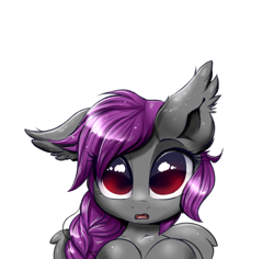 Size: 1826x1721 | Tagged: safe, artist:confetticakez, derpibooru import, oc, oc:andromeda aurora, bat pony, cute, cute little fangs, ear fluff, fangs, folded wings, o.o, ocbetes, open mouth, red eyes