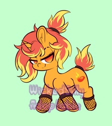 Size: 3946x4423 | Tagged: safe, artist:wickedsilly, derpibooru import, oc, oc only, pony, unicorn, absurd resolution, adoptable, advertisement, auction, elemental pony, female, fire, fishnet stockings, green background, looking at you, mare, obtrusive watermark, simple background, smiling, smirk, smug, solo, watermark