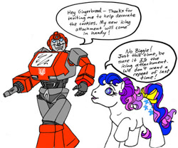 Size: 504x420 | Tagged: safe, artist:foxspotted, derpibooru import, gingerbread, twinkle eyed pony, g1, autobot, bow, crossover, duo, ironhide, multicolored hair, simple background, smiling, speech, speech bubble, tail bow, transformers, white background