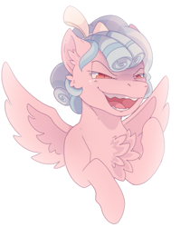 Size: 1033x1301 | Tagged: dead source, safe, artist:petergriffinschin, derpibooru import, cozy glow, pegasus, pony, school raze, chest fluff, female, filly, open mouth, sharp teeth, simple background, solo, teeth, white background