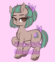 Size: 3946x4423 | Tagged: safe, artist:wickedsilly, derpibooru import, oc, oc only, oc:prisma amethyst, earth pony, pony, absurd resolution, adoptable, advertisement, auction, earth, elemental pony, female, looking at you, mare, obtrusive watermark, pink background, simple background, smiling, solo, watermark