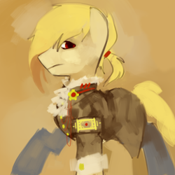 Size: 1000x1000 | Tagged: safe, artist:dhui, derpibooru import, oc, oc:gearmaster rochal, pony, blonde, buck legacy, concept art, jabot, male, ponytail, red eyes, solo, steampunk, yellow hair