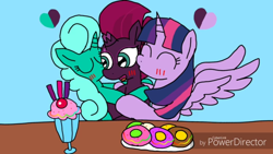 Size: 1280x720 | Tagged: safe, artist:徐詩珮, derpibooru import, fizzlepop berrytwist, glitter drops, tempest shadow, twilight sparkle, twilight sparkle (alicorn), alicorn, pony, unicorn, donut, eyes closed, female, food, glittershadow, glittershadowlight, hug, kiss on the cheek, kiss sandwich, kissing, lesbian, polyamory, polygamy, shipping, tempestlight