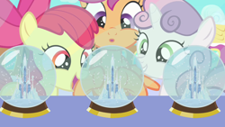 Size: 1280x720 | Tagged: safe, derpibooru import, screencap, apple bloom, scootaloo, sweetie belle, just for sidekicks, crystal empire, cute, cutie mark crusaders, snow globe