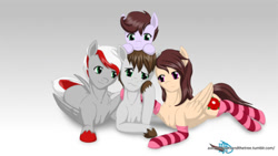 Size: 540x304 | Tagged: safe, artist:askspiritrootsandthetree, derpibooru import, oc, oc only, oc:knight fire, oc:night rose, oc:silky skies, pony, clothes, mod pone, socks, striped socks