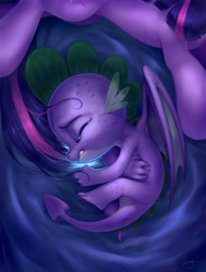 Size: 1280x1692 | Tagged: safe, artist:luciferamon, derpibooru import, spike, twilight sparkle, twilight sparkle (alicorn), alicorn, dragon, pony, crying, female, male, mare, sleeping, winged spike