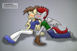 Size: 4160x2755 | Tagged: safe, artist:jrapcdaikari, derpibooru import, oc, oc only, oc:flitter feather, oc:sharps eye, anthro, female, kiss on the cheek, kissing, lesbian