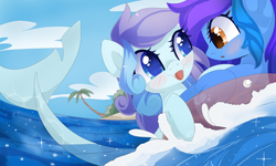 Size: 2500x1500 | Tagged: safe, artist:xsidera, derpibooru import, oc, oc only, oc:angley, oc:wavebud, original species, pegasus, shark pony, :p, beach, blushing, commission, cuddling, cute, female, hug, palm tree, sharp teeth, silly, surprised, teeth, tongue out, tree