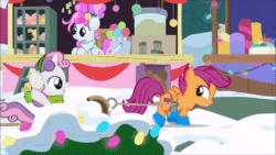 Size: 600x338 | Tagged: safe, derpibooru import, screencap, cotton sky, florina tart, scootaloo, sweetie belle, earth pony, pegasus, pony, unicorn, best gift ever, animated, apple family member, bootaloo, boots, bow, clothes, cute, cutealoo, cutie mark, diasweetes, earmuffs, female, filly, gif, hair bow, looking back, mare, scarf, shoes, sled, snow, the cmc's cutie marks