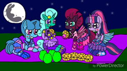 Size: 1280x720 | Tagged: safe, artist:徐詩珮, derpibooru import, fizzlepop berrytwist, glitter drops, sci-twi, spring rain, tempest shadow, twilight sparkle, pony, rabbit, unicorn, broken horn, crystal guardian, crystal wings, equestria girls outfit, equestria girls ponified, eye scar, female, food, fruit, full moon, glitterlight, glittershadow, lesbian, mid-autumn festival, moon, mooncake, night, picnic, pomelo, ponified, scar, sci-glitterlight, sci-springlight, sci-tempestlight, scitwilicorn, shipping, sprglitemplight, springdrops, springlight, springshadow, stars, tempestlight