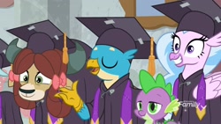 Size: 1920x1080 | Tagged: safe, derpibooru import, screencap, gallus, ocellus, silverstream, spike, yona, dragon, school raze, graduation cap, hat, offscreen character, winged spike