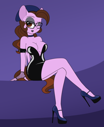Size: 1600x1947 | Tagged: safe, artist:sweetfilthyfun, derpibooru import, oc, oc only, oc:ivy rose, anthro, unguligrade anthro, alternate hairstyle, anthro oc, bedroom eyes, beret, breasts, choker, cleavage, clothes, crossed legs, dress, eyeshadow, female, glasses, gloves, hat, high heels, latex, lipstick, makeup, one eye closed, pinup, shoes, solo