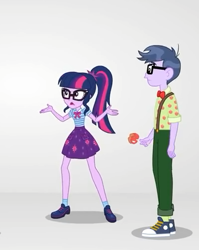 Size: 401x504 | Tagged: safe, derpibooru import, screencap, microchips, sci-twi, twilight sparkle, better together, equestria girls, rollercoaster of friendship, caramel apple (food), clothes, converse, cropped, female, geode of telekinesis, glasses, male, pants, ponytail, shoes, shrug, skirt, socks