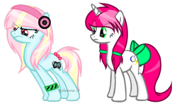 Size: 1024x618 | Tagged: safe, artist:xylenneisnotamazing, derpibooru import, oc, oc only, oc:amelia chords, oc:rimmer lyra, earth pony, pony, unicorn, bow, female, headphones, mare, simple background, tail bow, transparent background