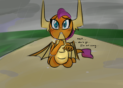 Size: 1400x1000 | Tagged: safe, artist:zouyugi, derpibooru import, smolder, dragon, dragoness, female, lonely, rain, sad